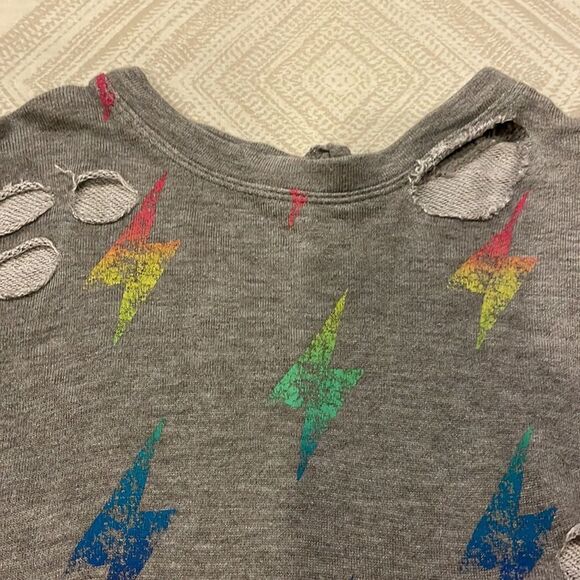 Flowers by Zoe Girls Grey Rainbow Lightning Bolt Ripped Sweatshirt - Picture 3 of 6